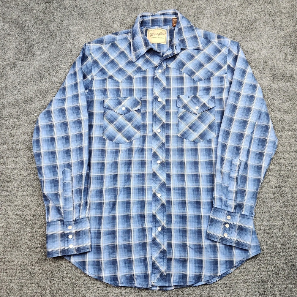 Wrangler‎ Western Shirt Mens Medium Blue Plaid Pearl Snap Long Sleeve Cowboy
